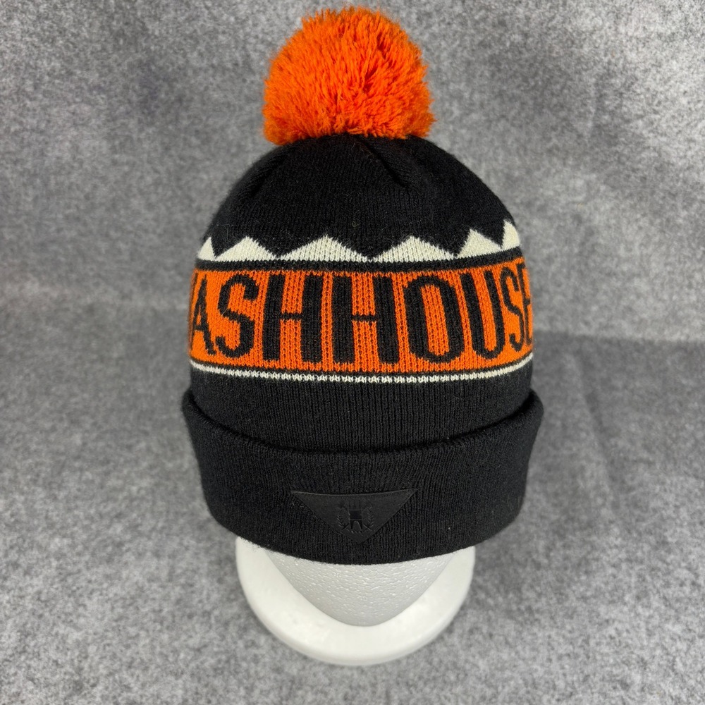 Washhouse Beanie Hat One Size Cuffed Knit Orange Black White Pom Streetwear